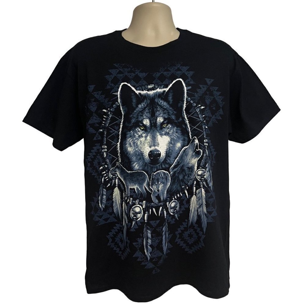 Wolf Native American Dream Catcher Wolves Men Black Graphic T-Shirt Large Cotton